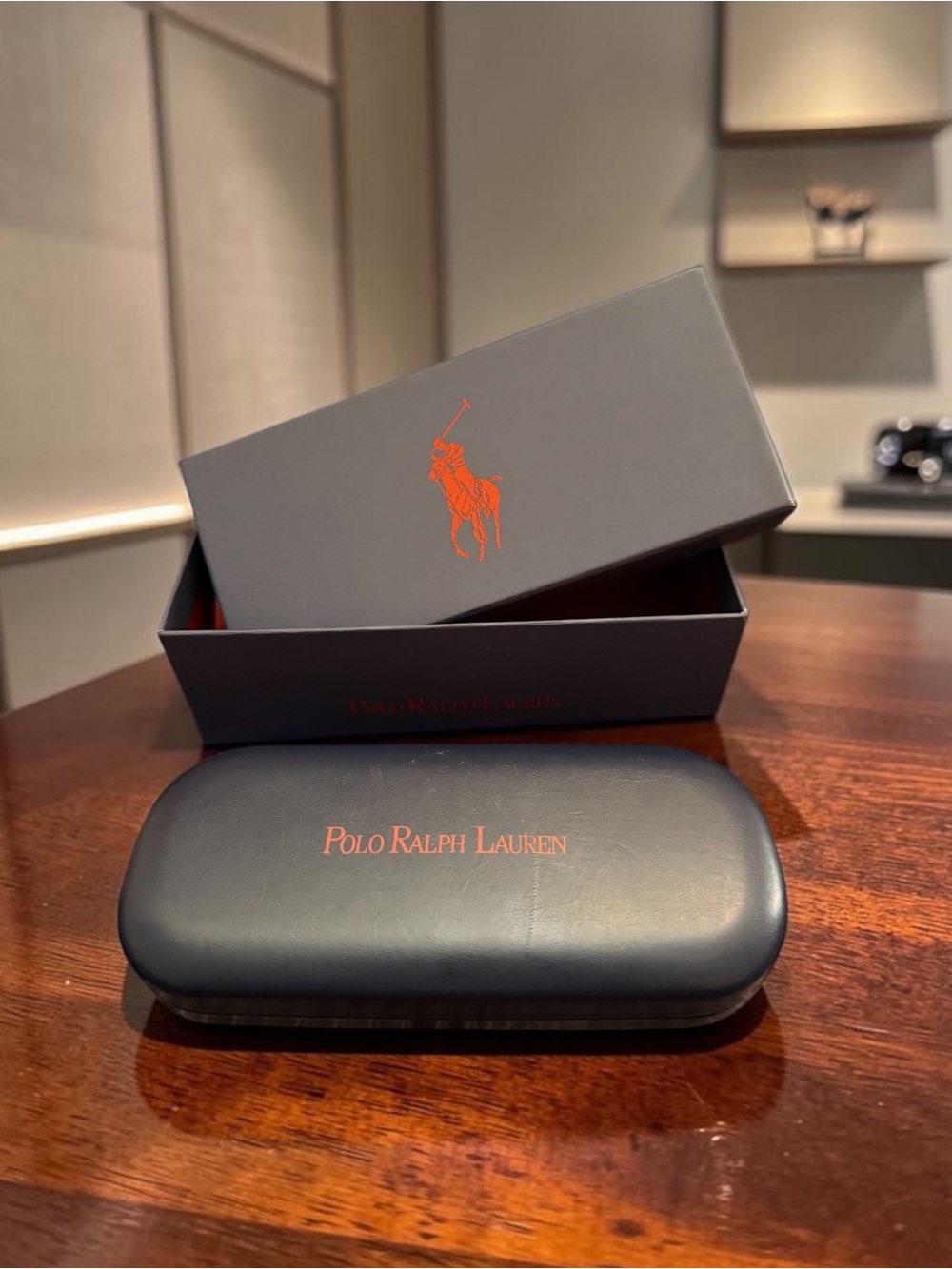 Polo Ralph Lauren Eyeglass Case & Box Navy Blue Red Logo Suede Interior (GUC)